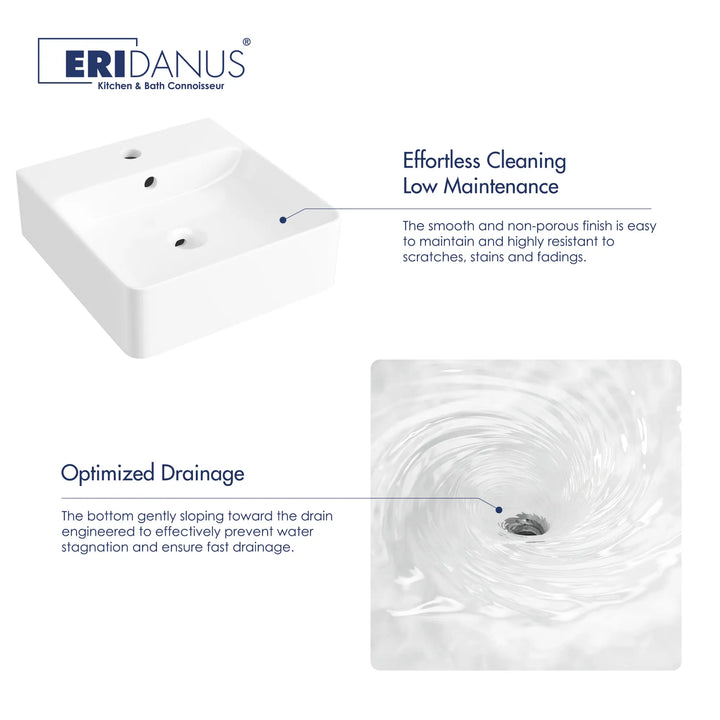 White square ceramic sink with optimized drainage detail.
