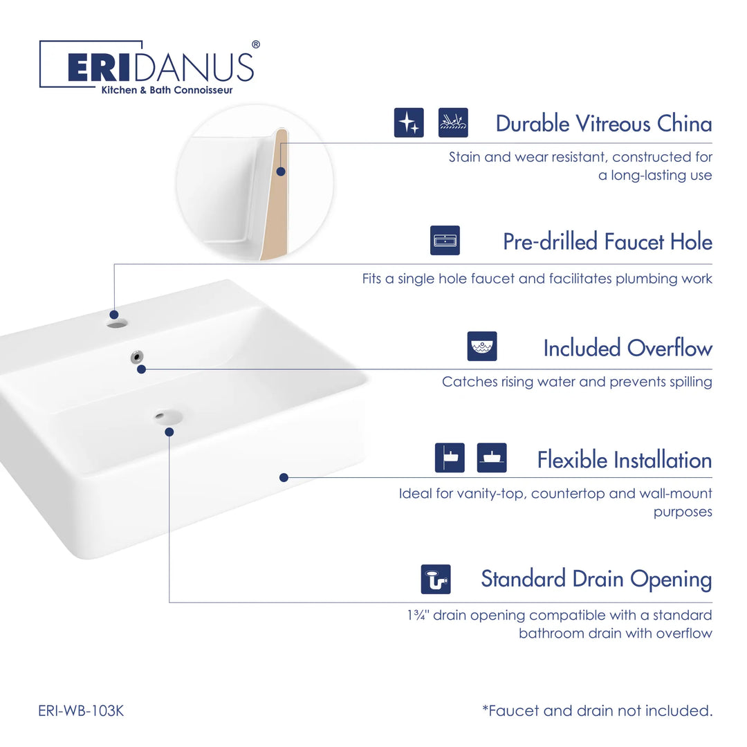 White vitreous china sink features and installation guide.