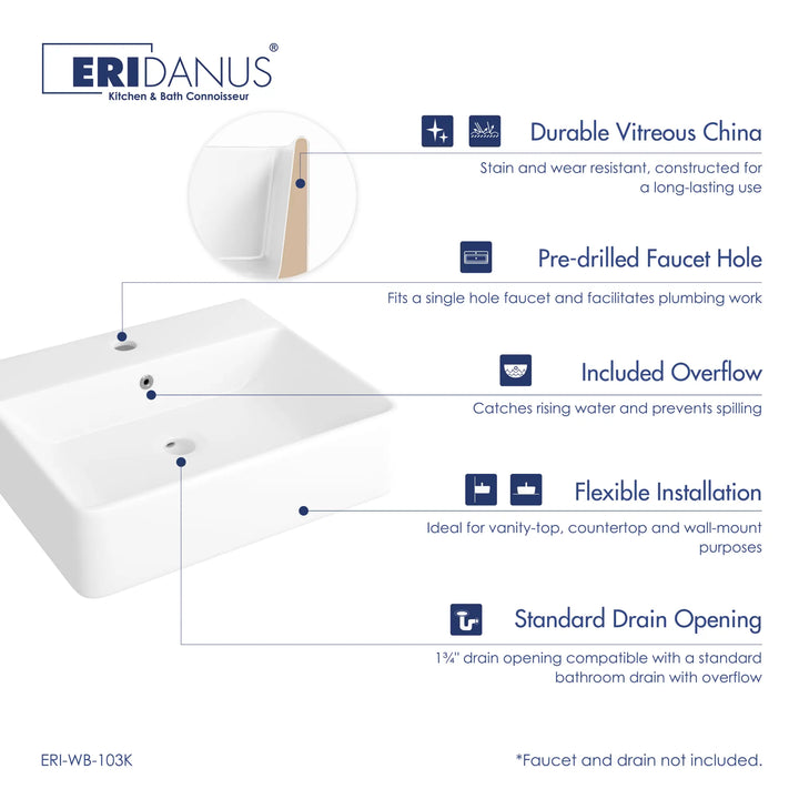 White vitreous china sink features and installation guide.