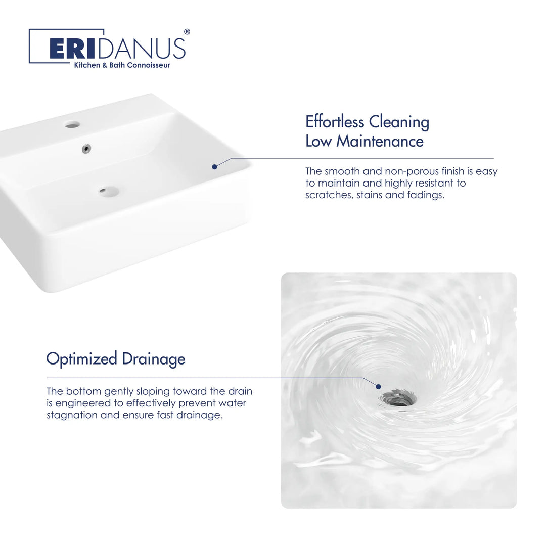 Easy-clean white ceramic sink with optimized drainage.