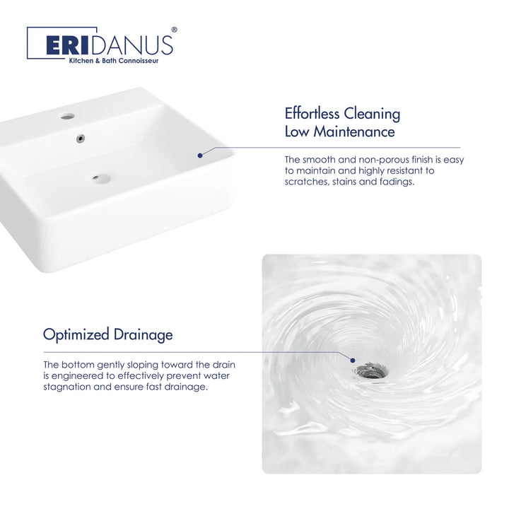 Easy-clean white ceramic sink with optimized drainage.