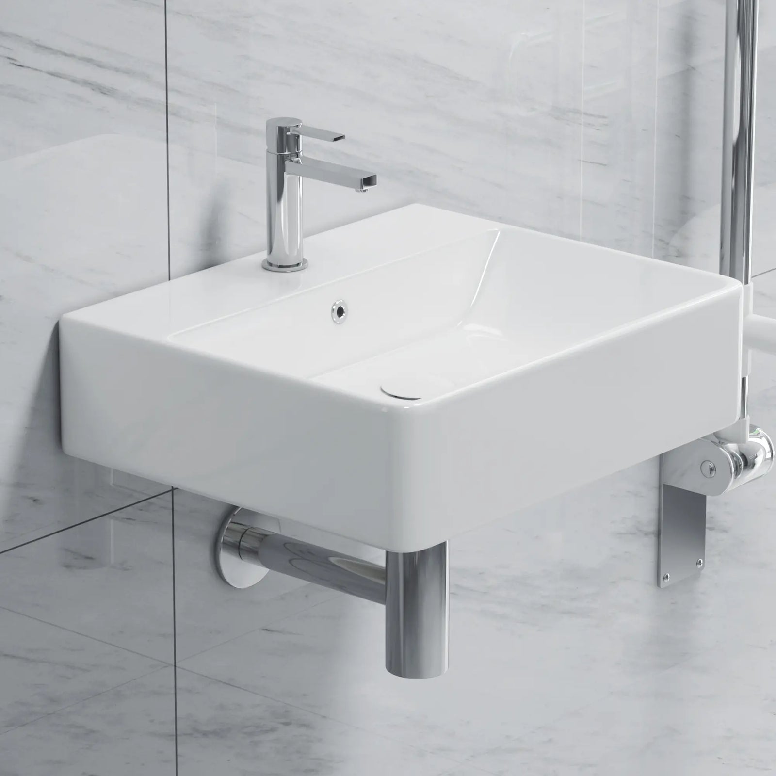 White rectangular ceramic sink with chrome faucet and drain.