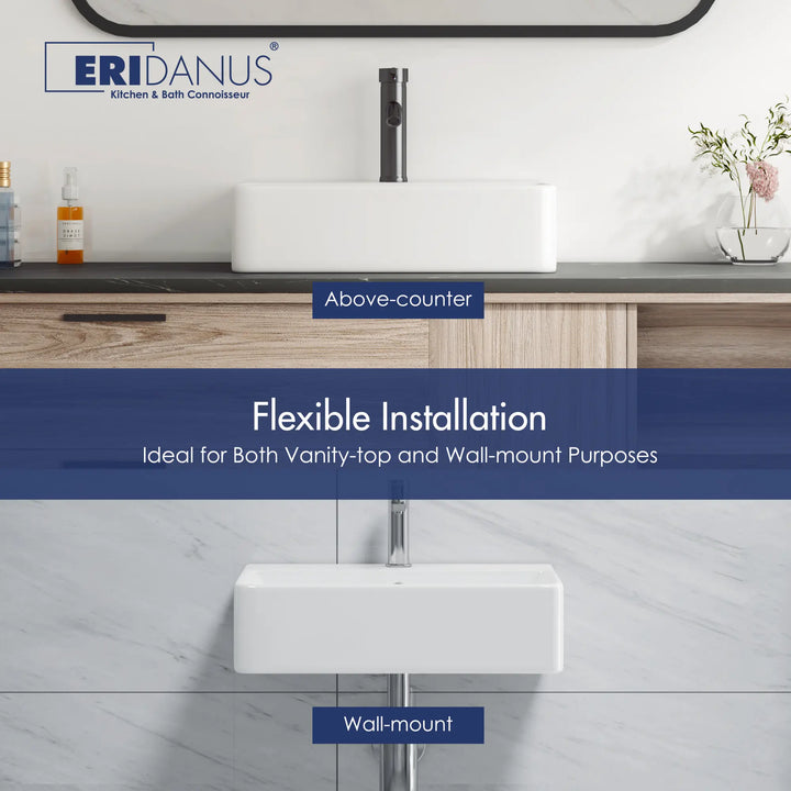 White rectangular sink for wall-mount or countertop use.