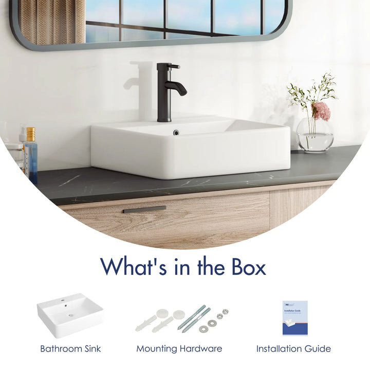 White sink, mounting hardware, and installation guide.