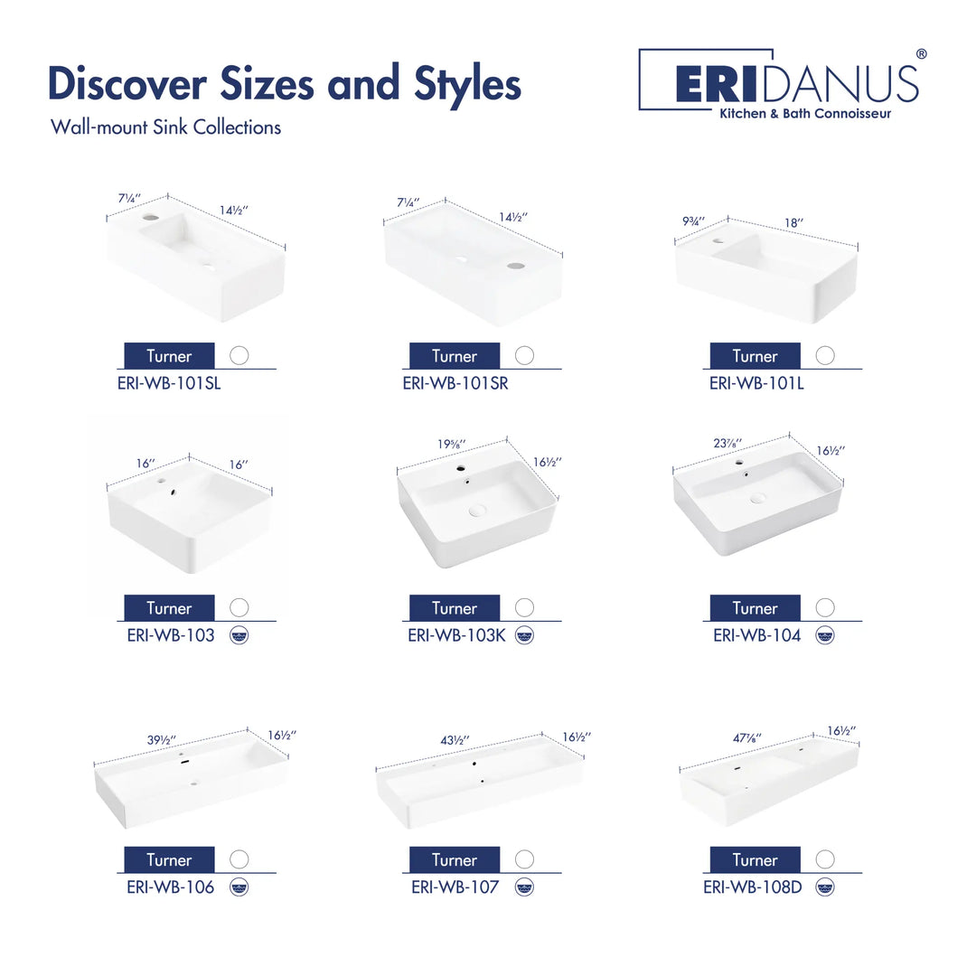 Various white wall-mount ceramic sink sizes and styles.