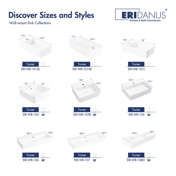 Various white wall-mount ceramic sink sizes and styles.