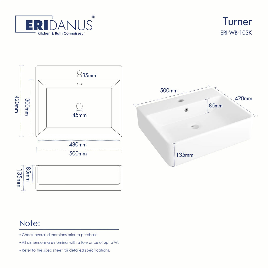 White rectangular sink dimensions 500x420x135mm.