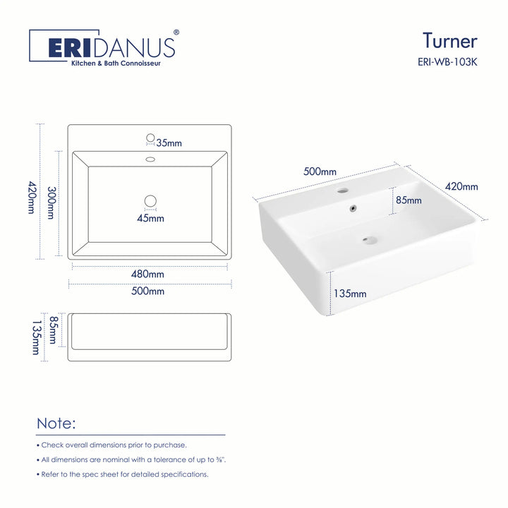 White rectangular sink dimensions 500x420x135mm.