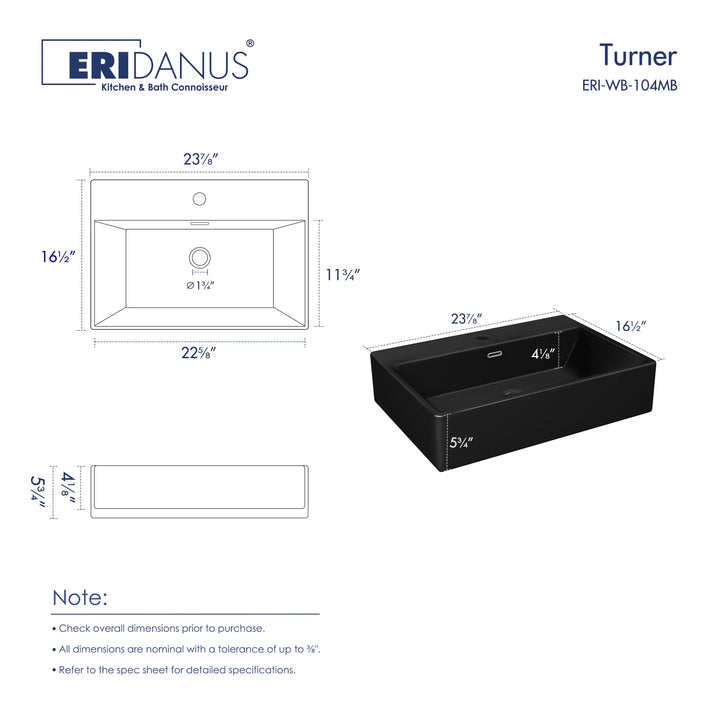 Turner 24" Rectangular Vessel Vitreous China Wall Mount Bathroom Sink with Overflow, Multiple Colors