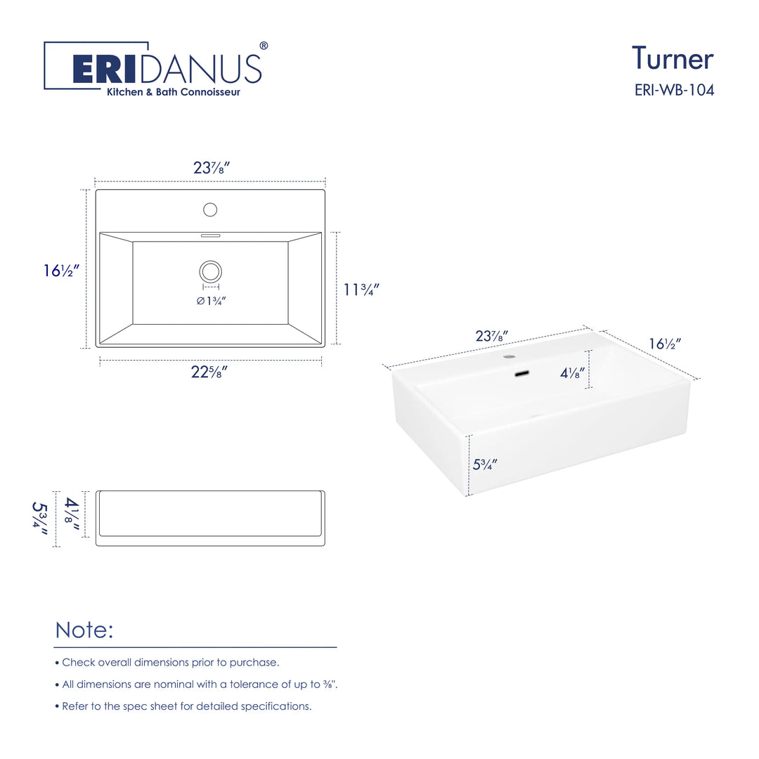 Turner 24" Rectangular Vessel Vitreous China Wall Mount Bathroom Sink with Overflow, Multiple Colors