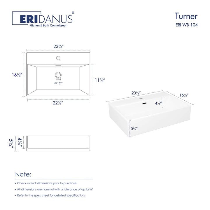 Turner 24" Rectangular Vessel Vitreous China Wall Mount Bathroom Sink with Overflow, Multiple Colors