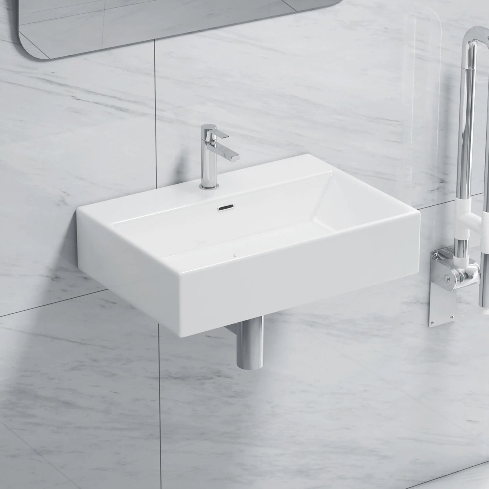 White rectangular ceramic wall-mounted sink with single faucet hole.#color_white