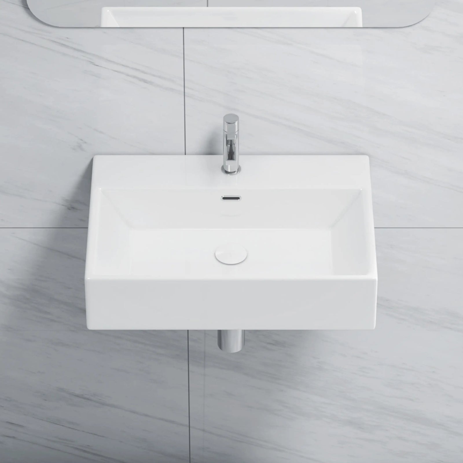 White rectangular ceramic wall-mounted sink with single faucet hole.#color_white