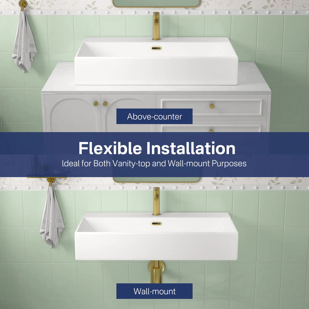 Modern white single-hole wall basin with brushed gold faucet.
