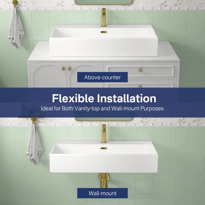 Modern white single-hole wall basin with brushed gold faucet.
