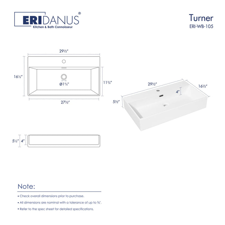 Turner ERI-WB-105 rectangular sink dimensions: 29.5 x 16.5 inches