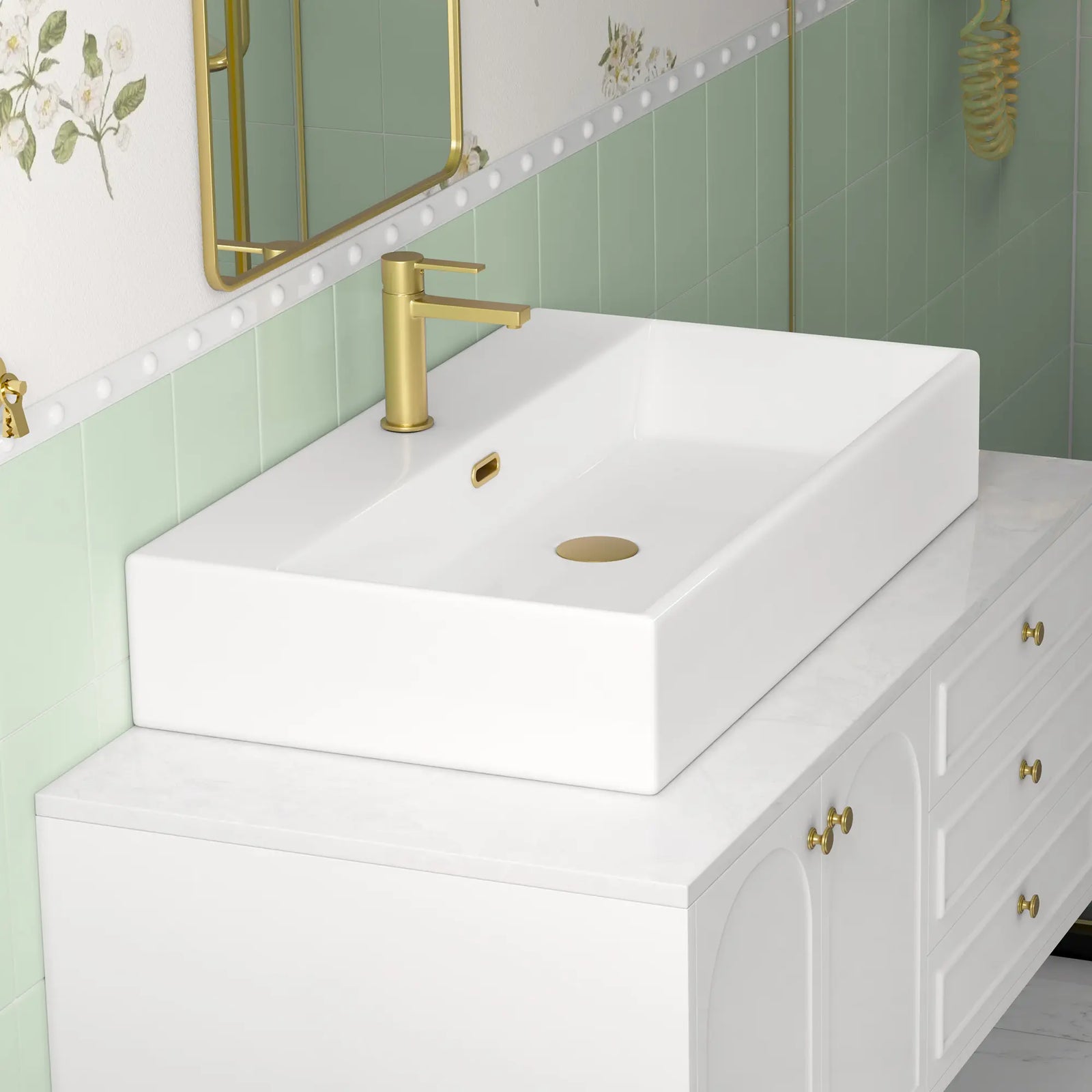 White ceramic single-hole sink with dimension markings.#color_white