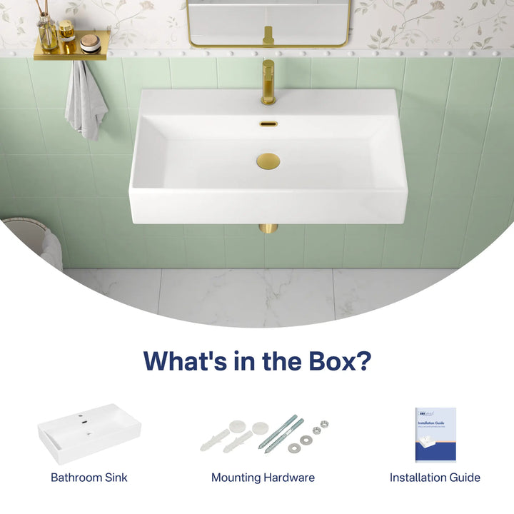 White rectangular sink with mounting hardware and installation guide