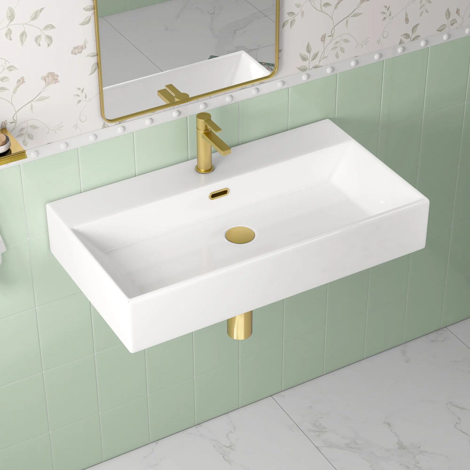 White rectangular wall-mount sink with single hole gold faucet.#color_white
