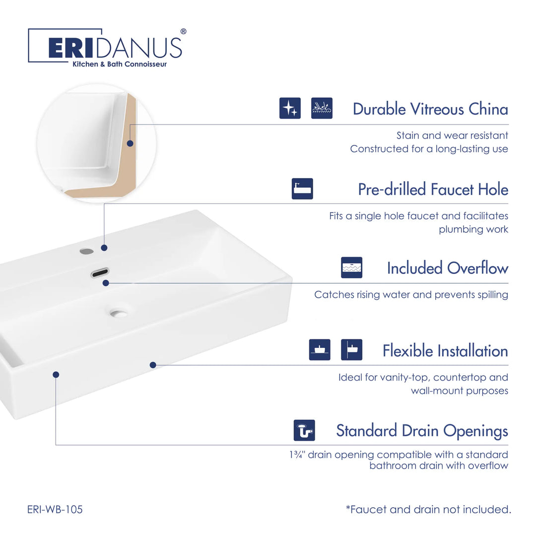 White rectangular vitreous china sink with overflow and faucet hole