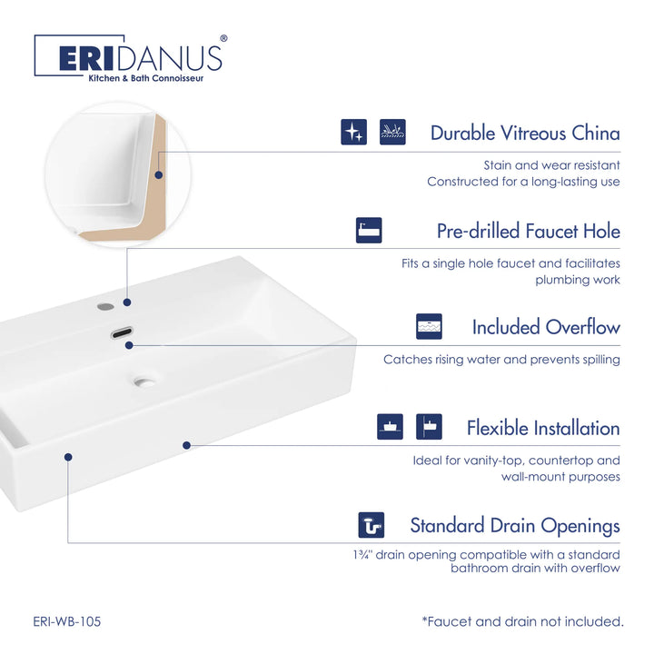 White rectangular vitreous china sink with overflow and faucet hole