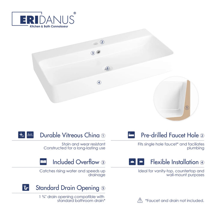 White vitreous china sink with pre-drilled faucet hole and overflow