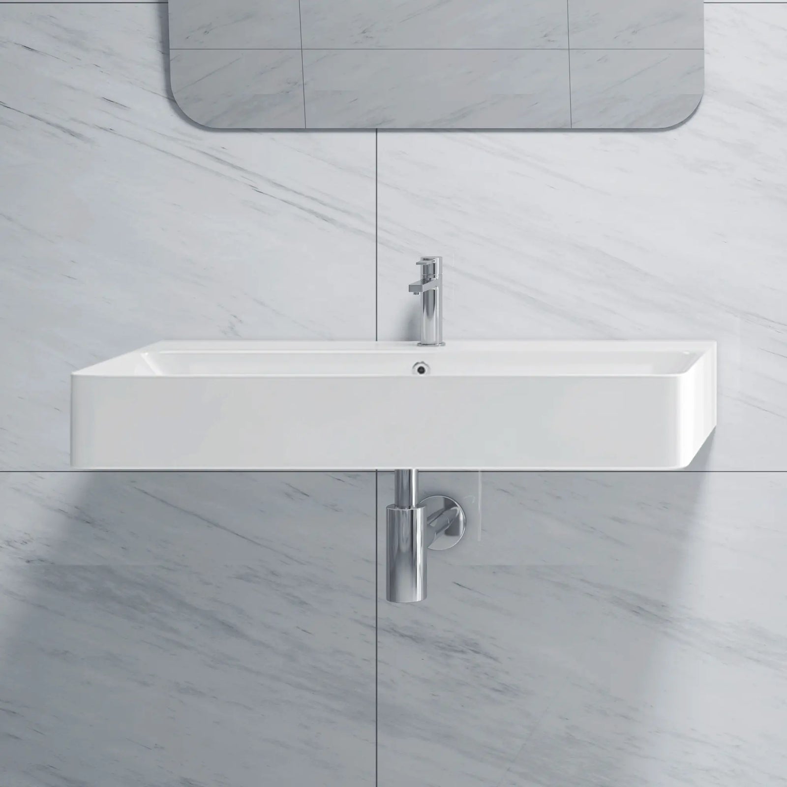Wall-mounted white ceramic bathroom sink with integrated basin and single-handle faucet