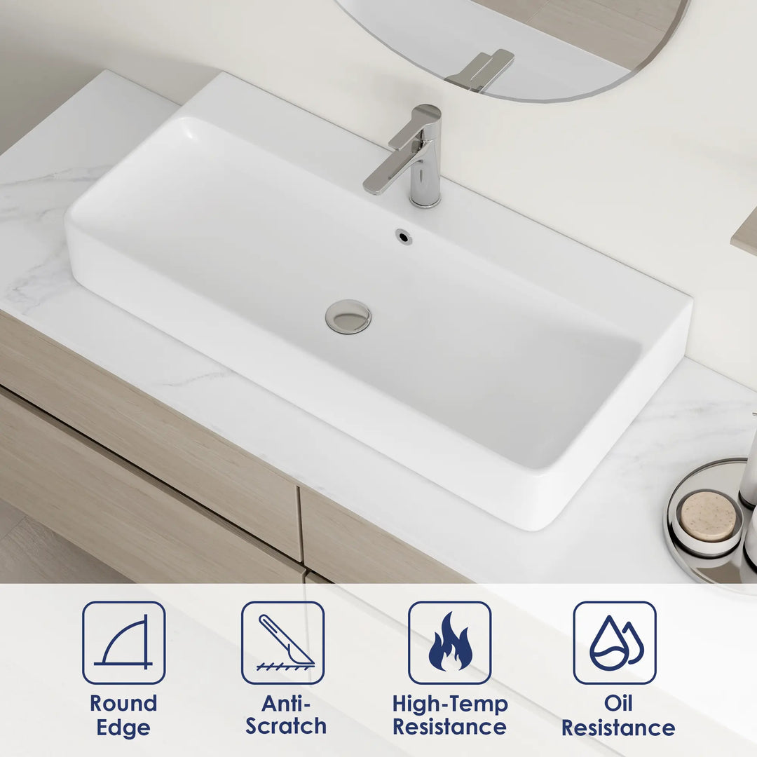 White rectangular ceramic sink with rounded edges, scratch and heat resistant