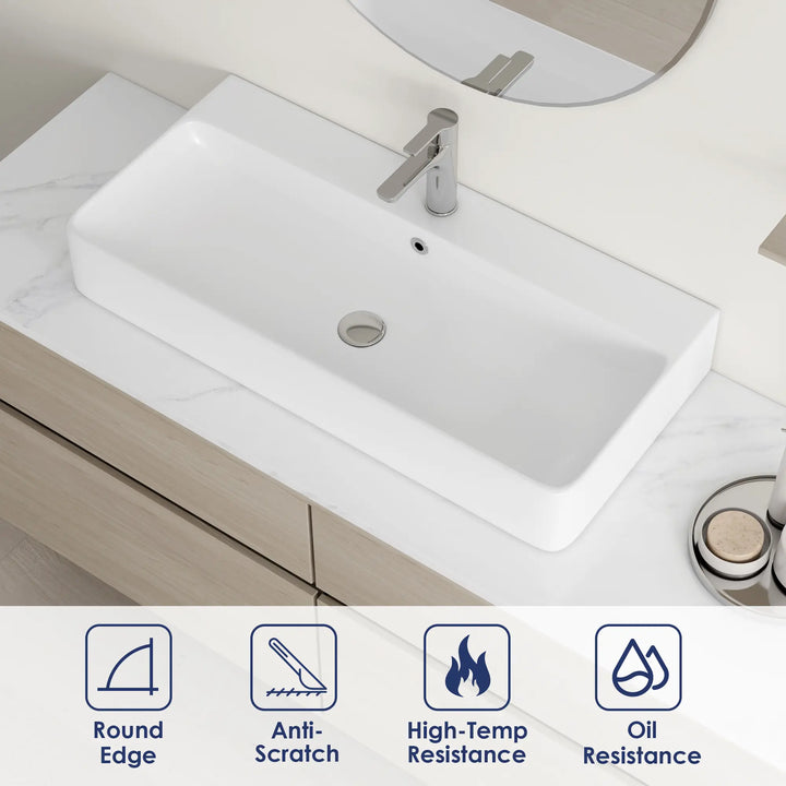 White rectangular ceramic sink with rounded edges, scratch and heat resistant