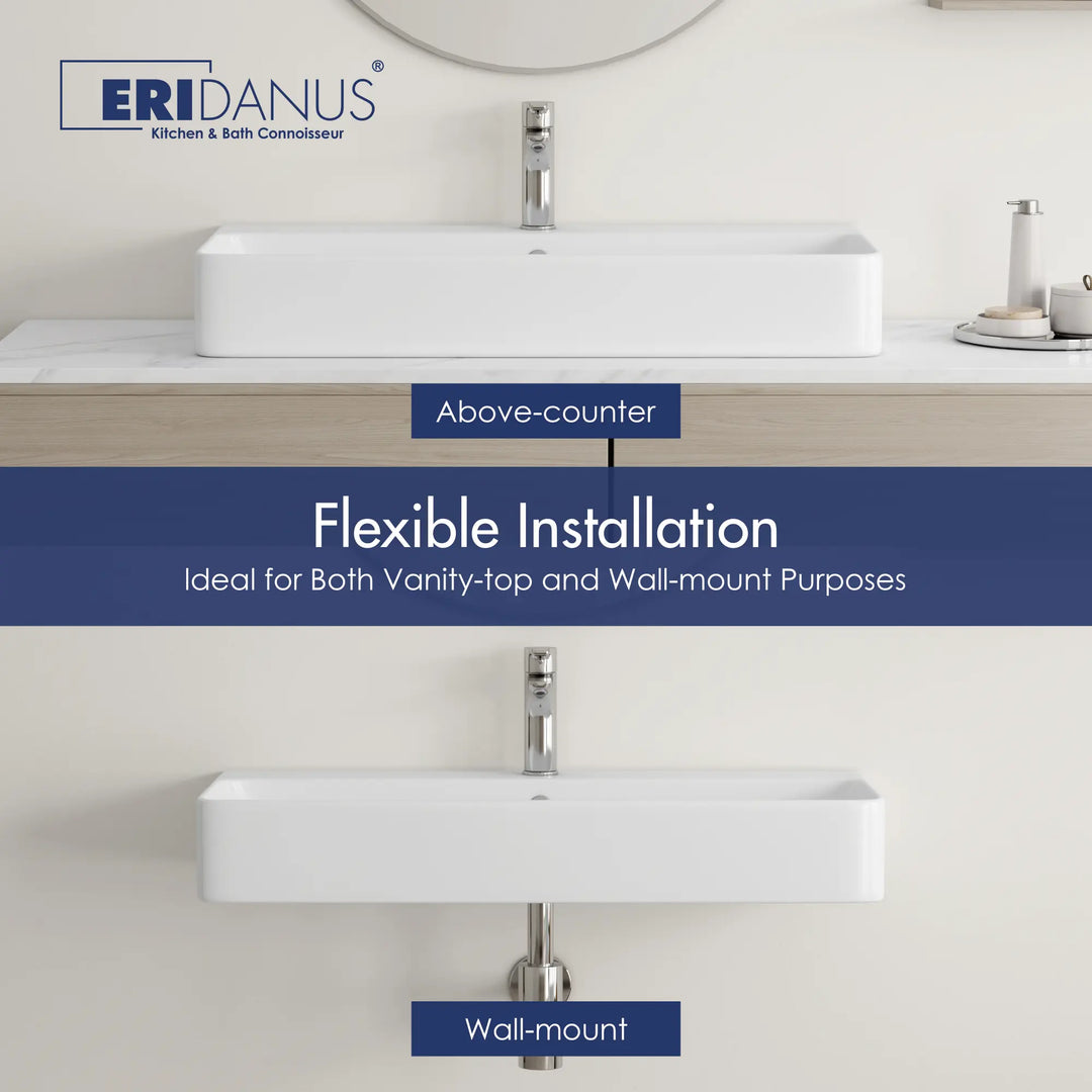 White rectangular ceramic sink for above-counter or wall-mount use
