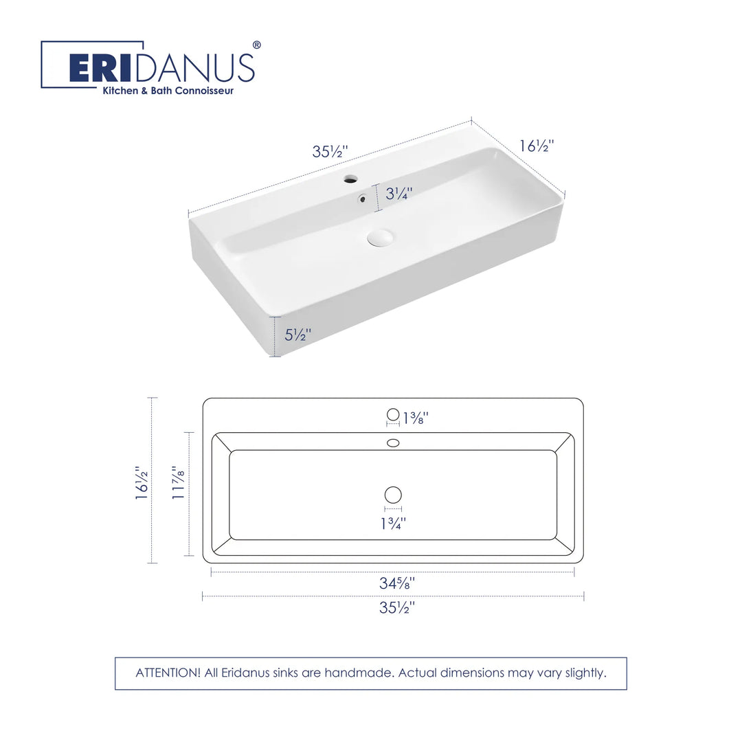 White rectangular ceramic sink with labeled dimensions and single faucet hole