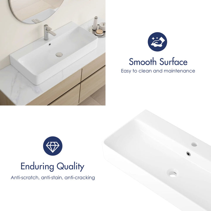 White ceramic rectangular sink with smooth surface, durable and easy to clean