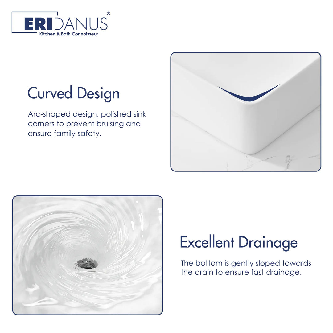 White ceramic sink with curved edges and sloped basin for fast drainage