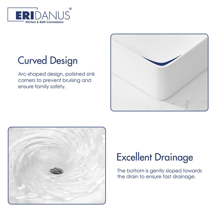 White ceramic sink with curved edges and sloped basin for fast drainage