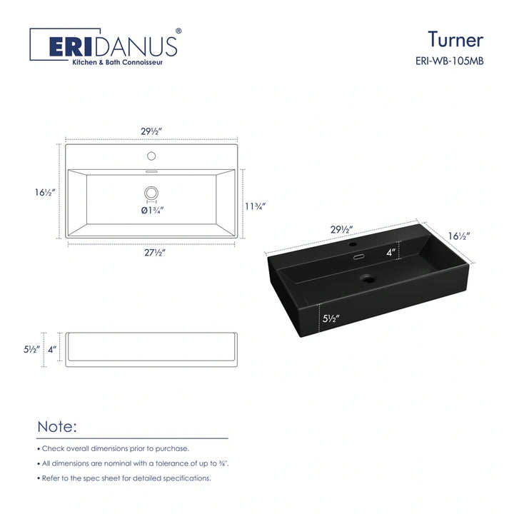 Turner ERI-WB-105MB matte black sink dimensions: 29.5 x 16.5 inches