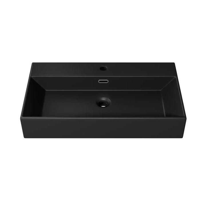 Matte black rectangular sink with overflow and faucet hole