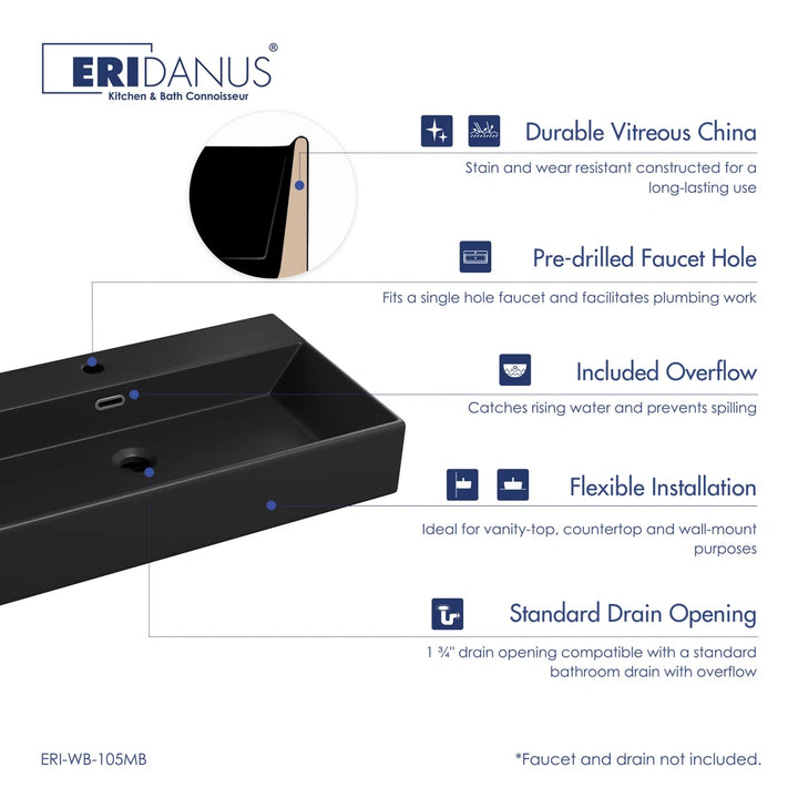 Matte black vitreous china sink with overflow and faucet hole