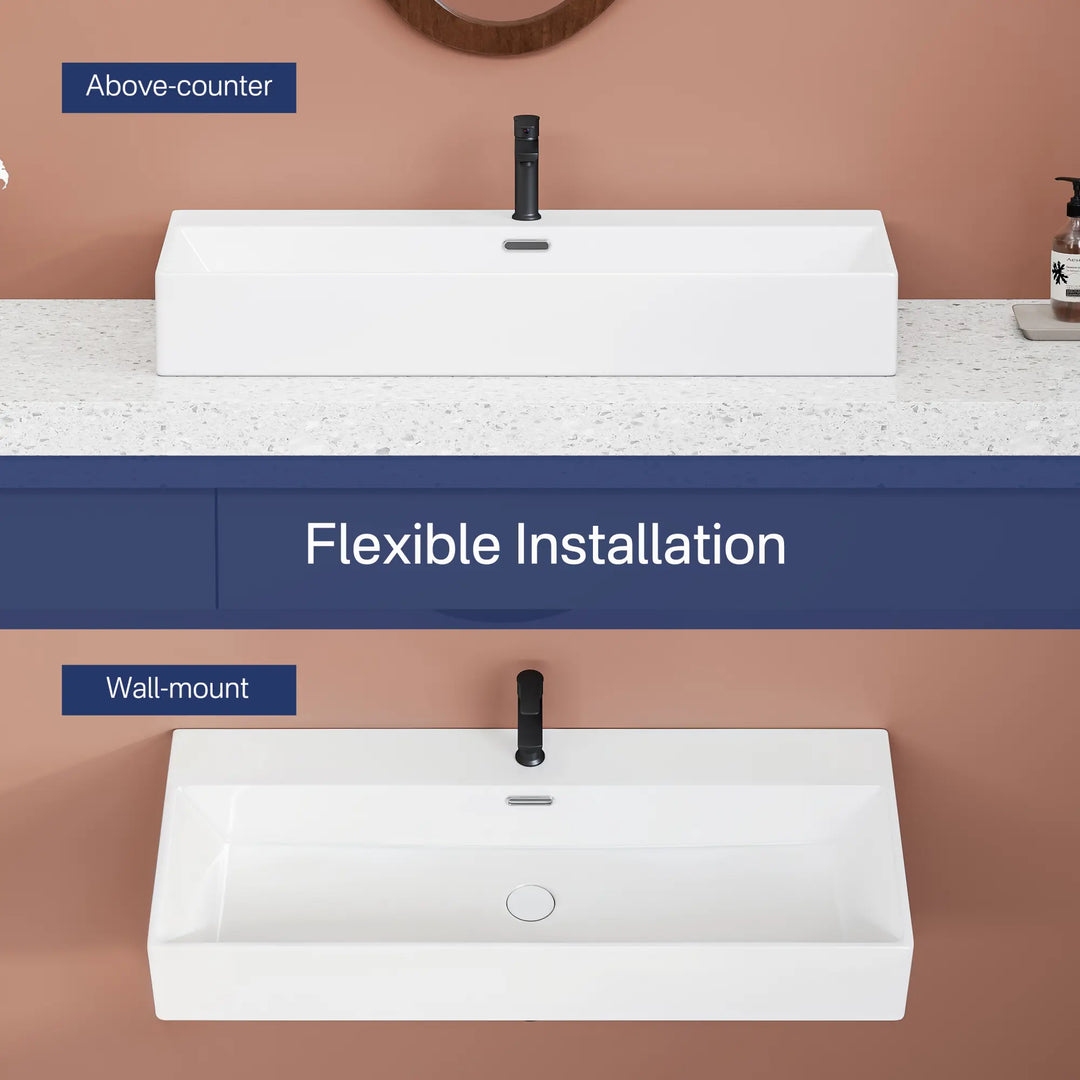 White rectangular ceramic above-counter or wall-mount sink