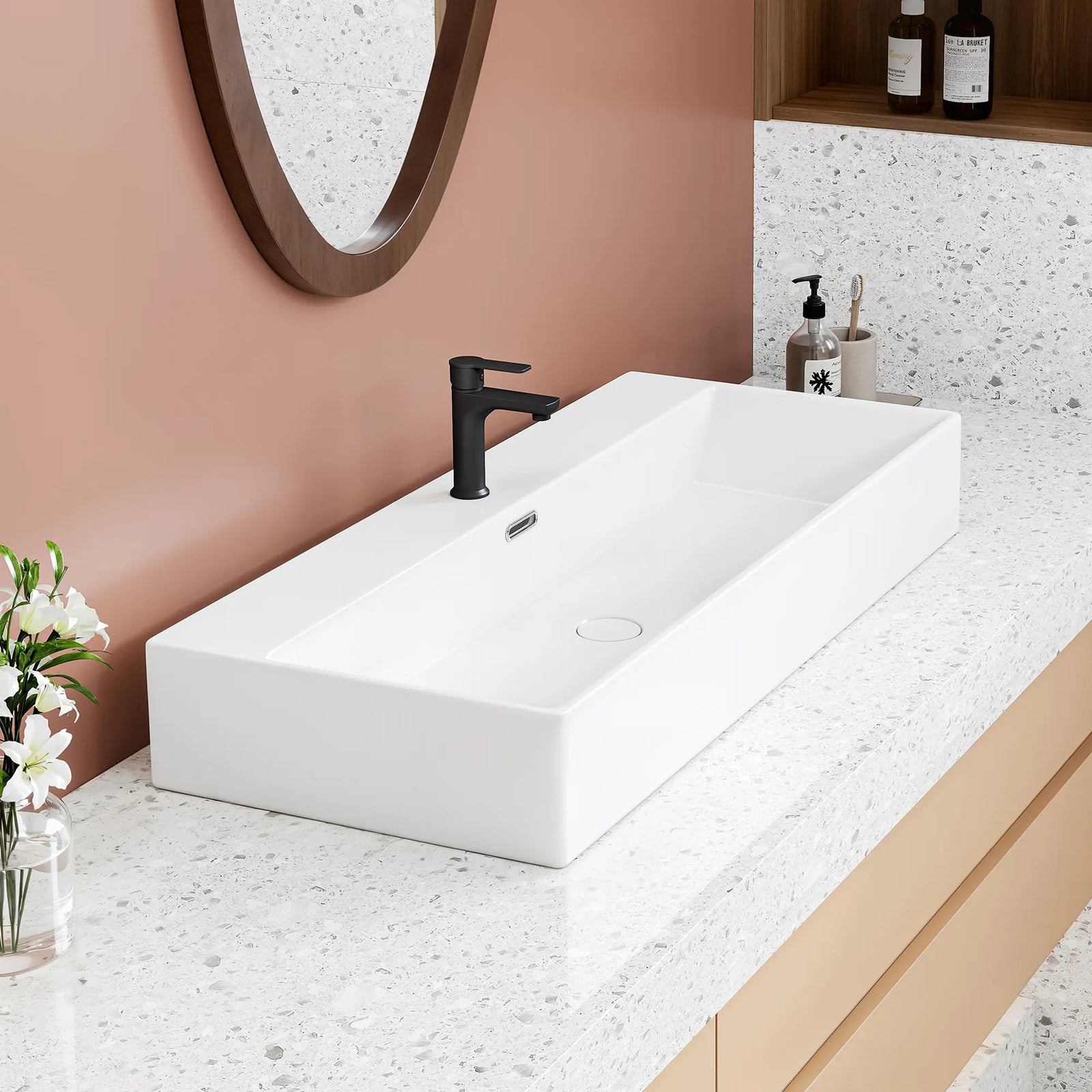 White rectangular ceramic vanity top with single faucet hole
