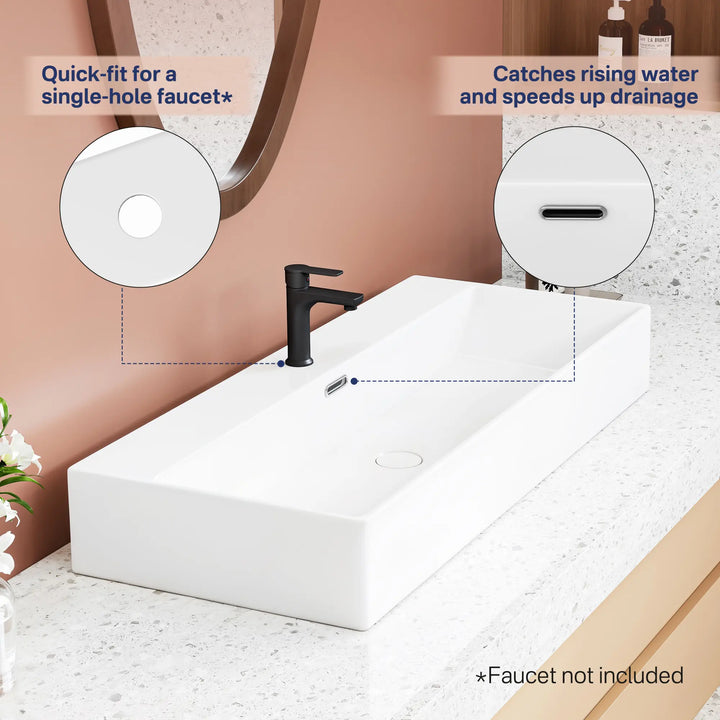 White rectangular ceramic vessel sink with single faucet hole