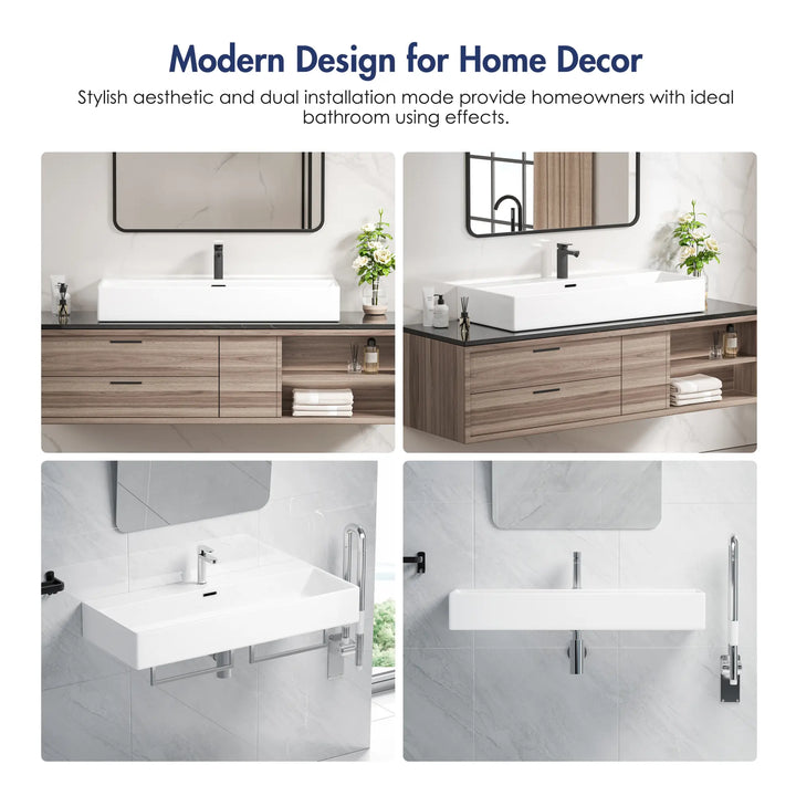 White rectangular ceramic vessel and wall-mount sink