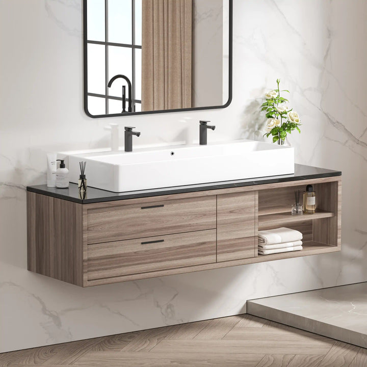 Turner 43" Rectangular Vessel Ceramic Wall Mount Bathroom Sink in White, Two Faucet Holes