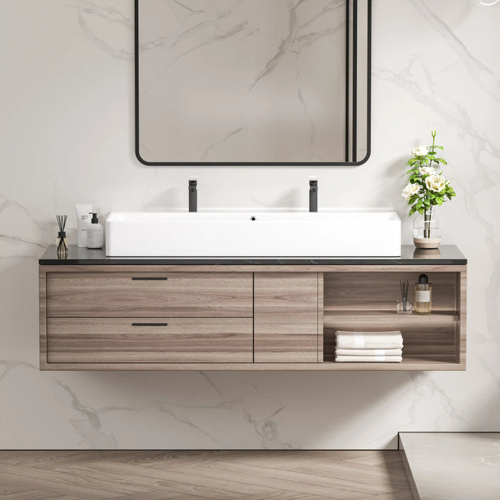 Turner 43" Rectangular Vessel Ceramic Wall Mount Bathroom Sink in White, Two Faucet Holes