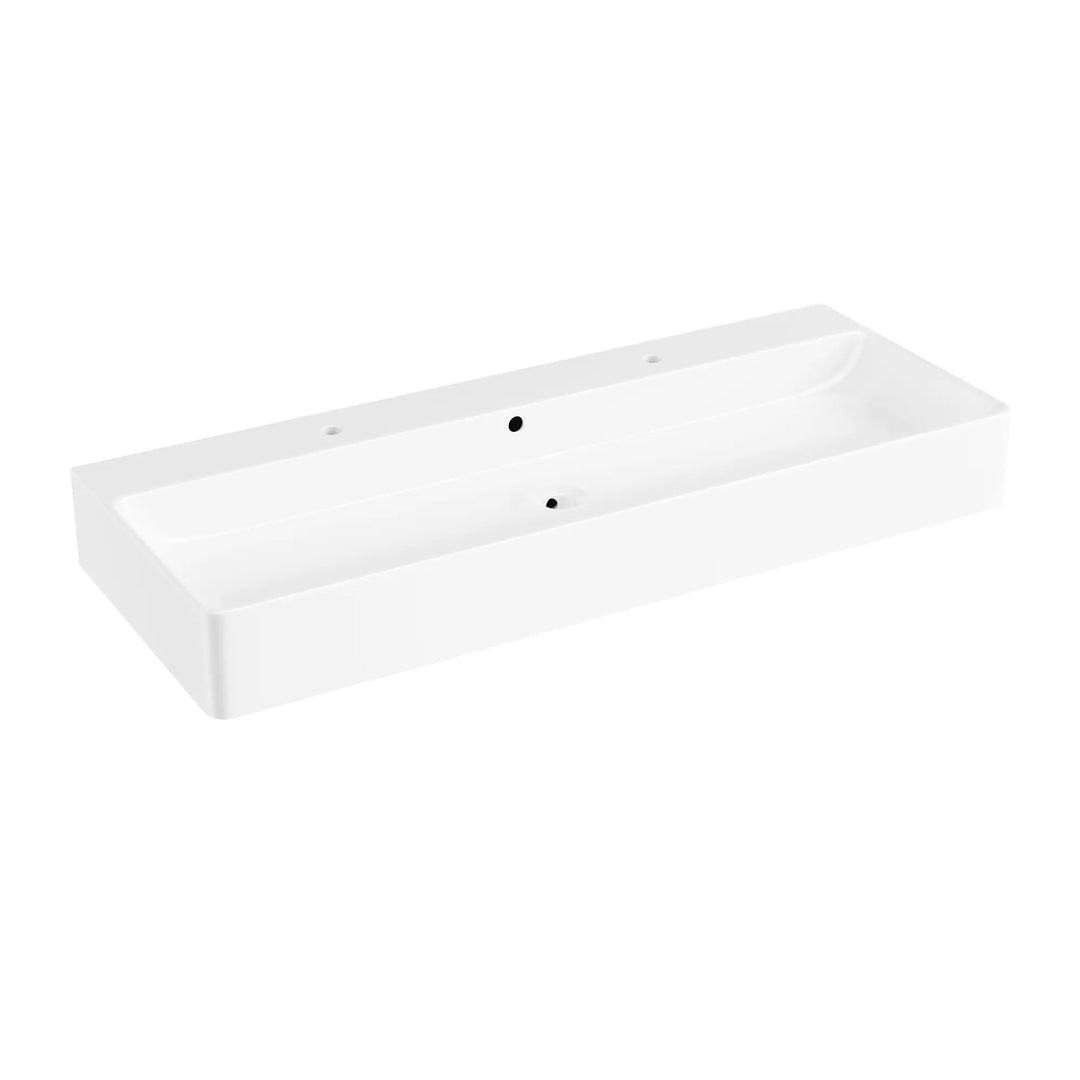 Turner 43" Rectangular Vessel Ceramic Wall Mount Bathroom Sink in White, Two Faucet Holes
