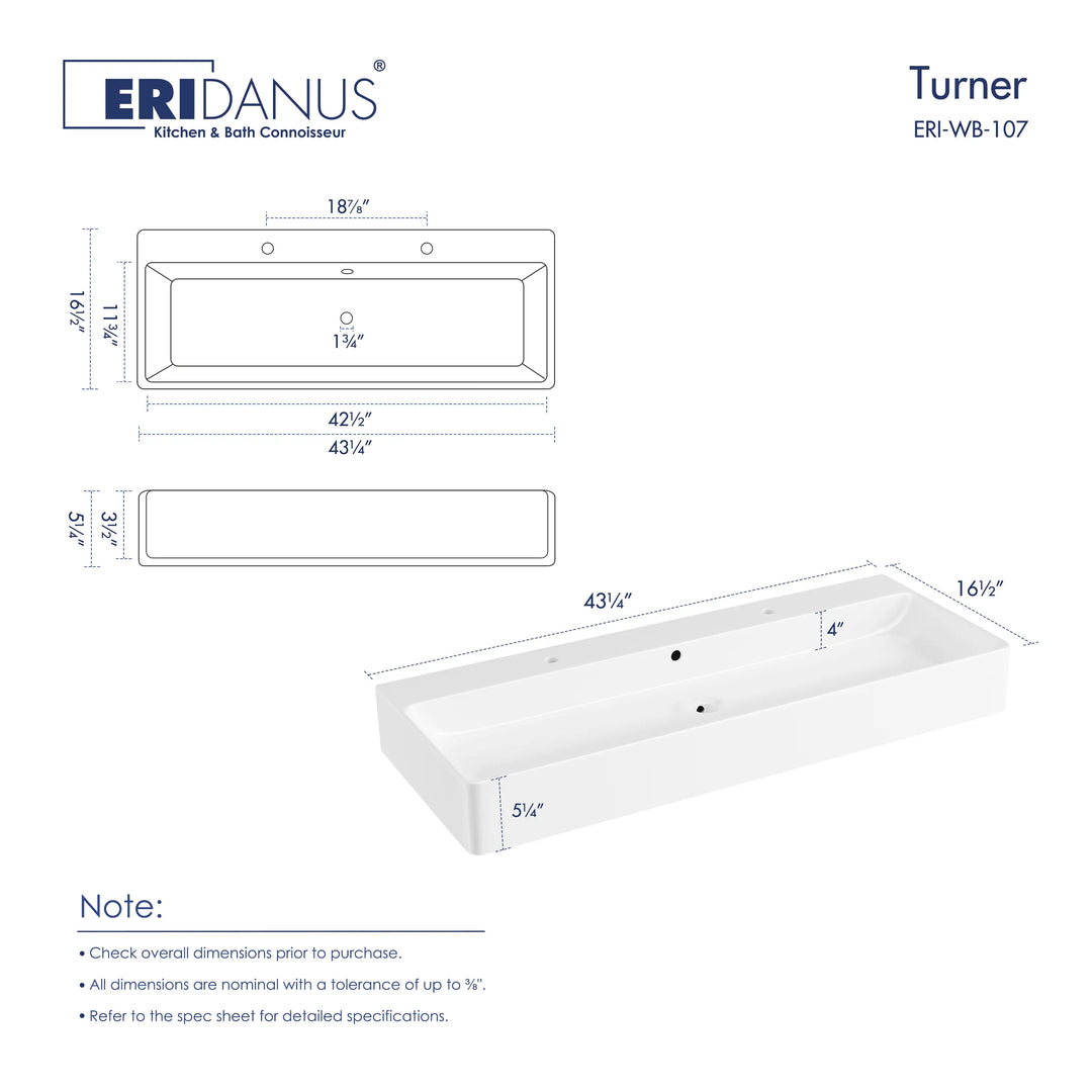 Turner 43" Rectangular Vessel Ceramic Wall Mount Bathroom Sink in White, Two Faucet Holes