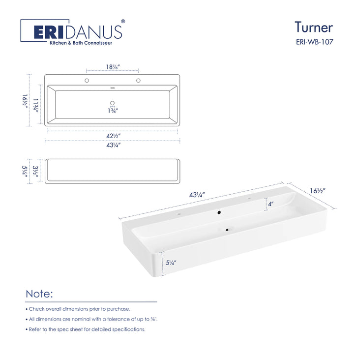 Turner 43" Rectangular Vessel Ceramic Wall Mount Bathroom Sink in White, Two Faucet Holes