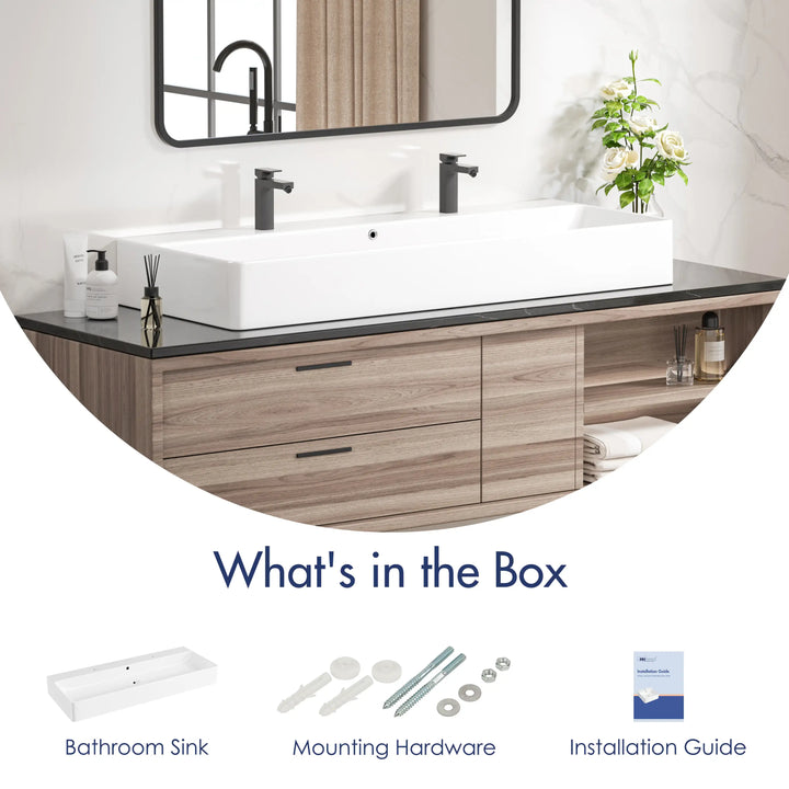 Turner 43" Rectangular Vessel Ceramic Wall Mount Bathroom Sink in White, Two Faucet Holes
