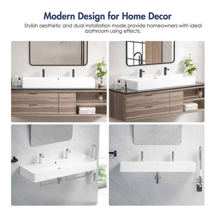 Turner 43" Rectangular Vessel Ceramic Wall Mount Bathroom Sink in White, Two Faucet Holes