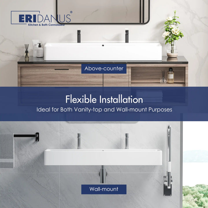 Turner 43" Rectangular Vessel Ceramic Wall Mount Bathroom Sink in White, Two Faucet Holes