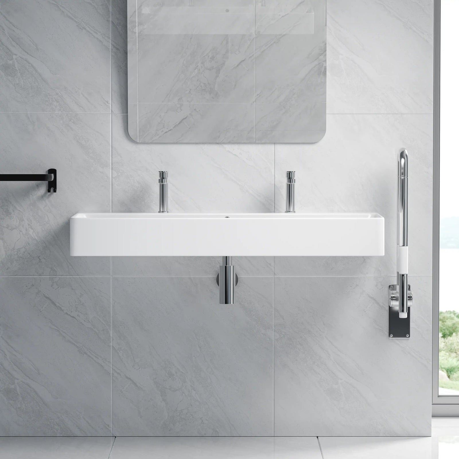 Modern white wall-mount double basin with two faucets.